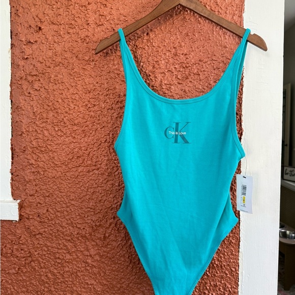 Calvin Klein Jeans Monogram Logo Scoop Back Thong Tank Top Bodysuit Teal Medium - Picture 1 of 5